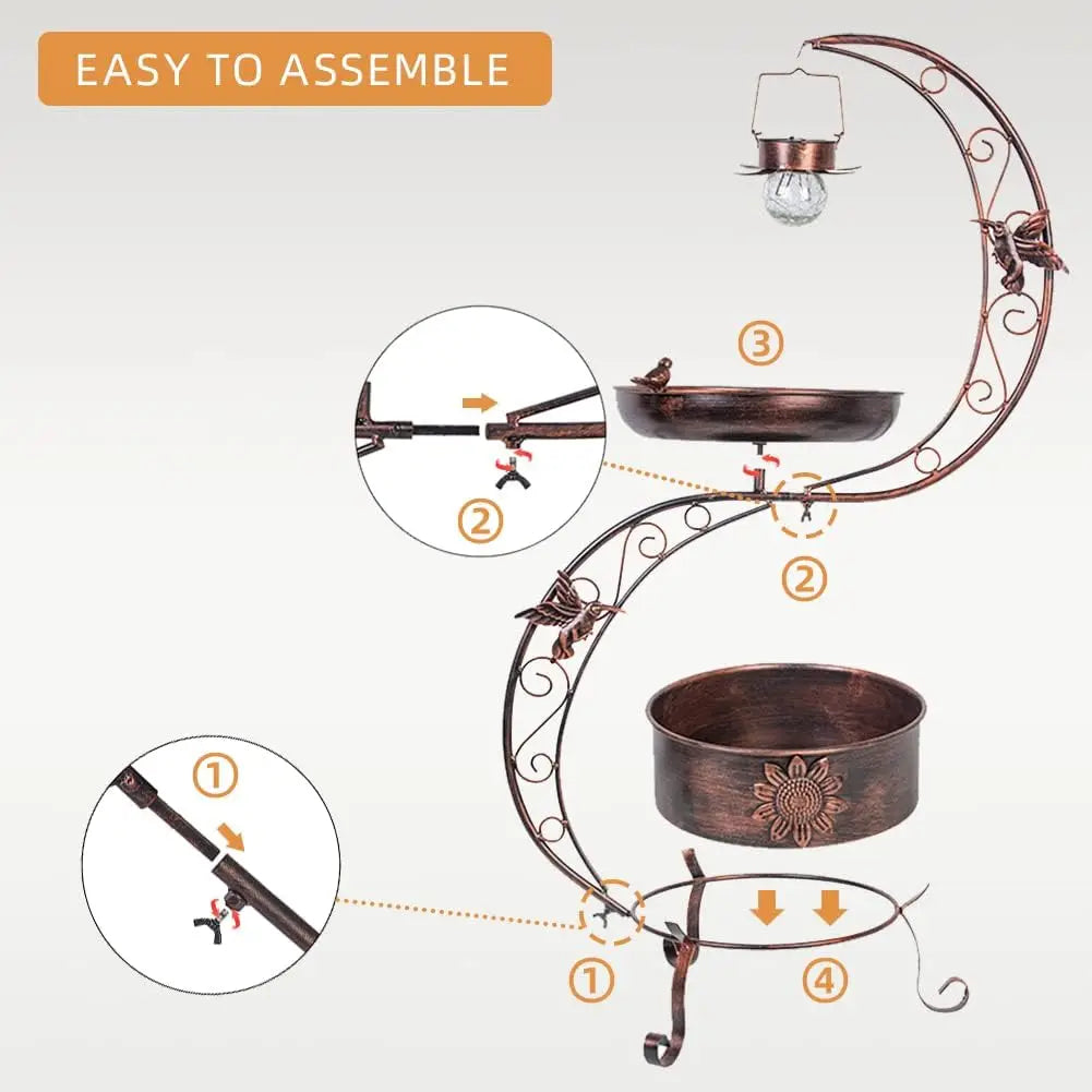 Vintage Metal Standing Bird Bath with Solar Lamp