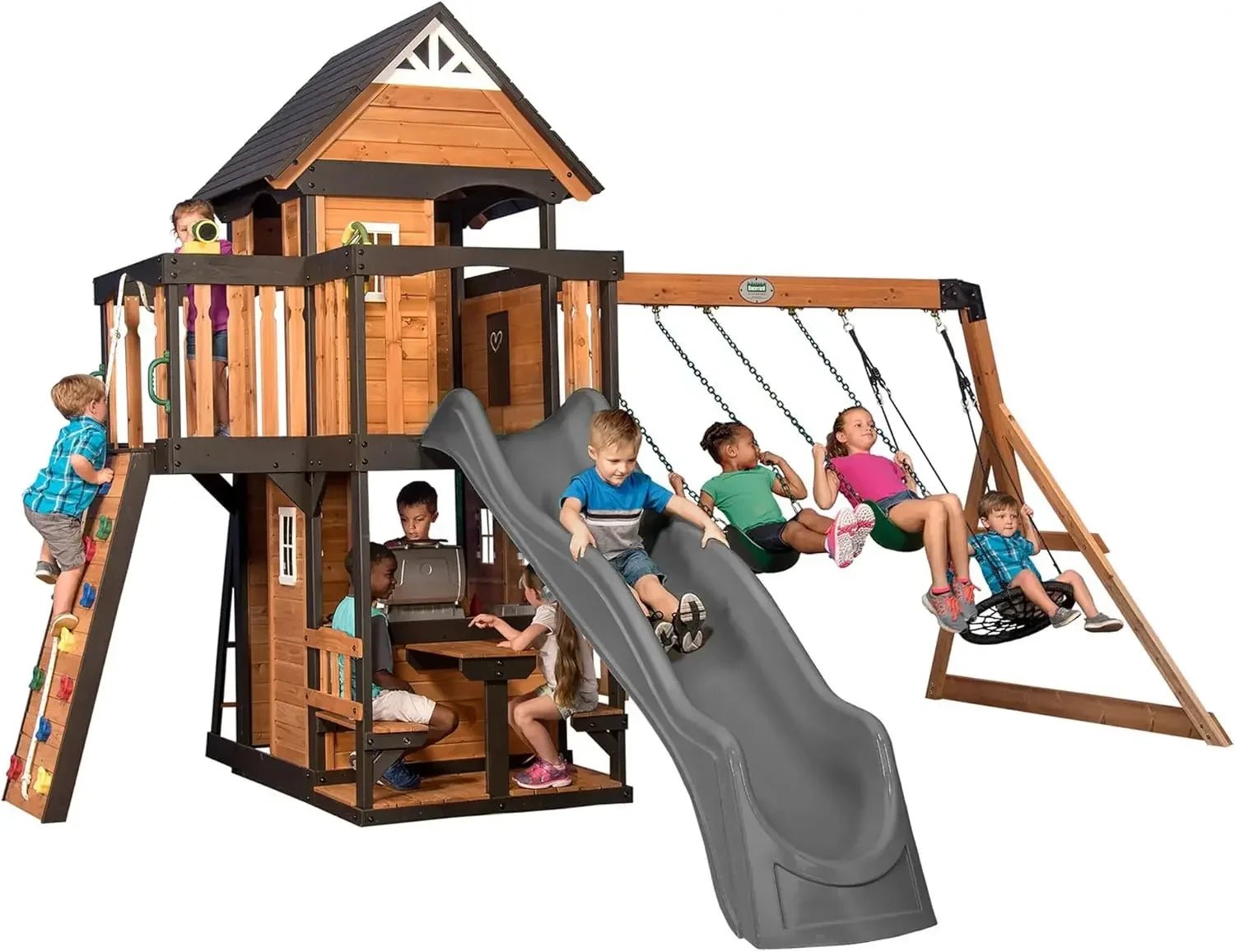 Clubhouse, Play Kitchen, Picnic Area, Belt Swings, Web Swing, Rock Wall,