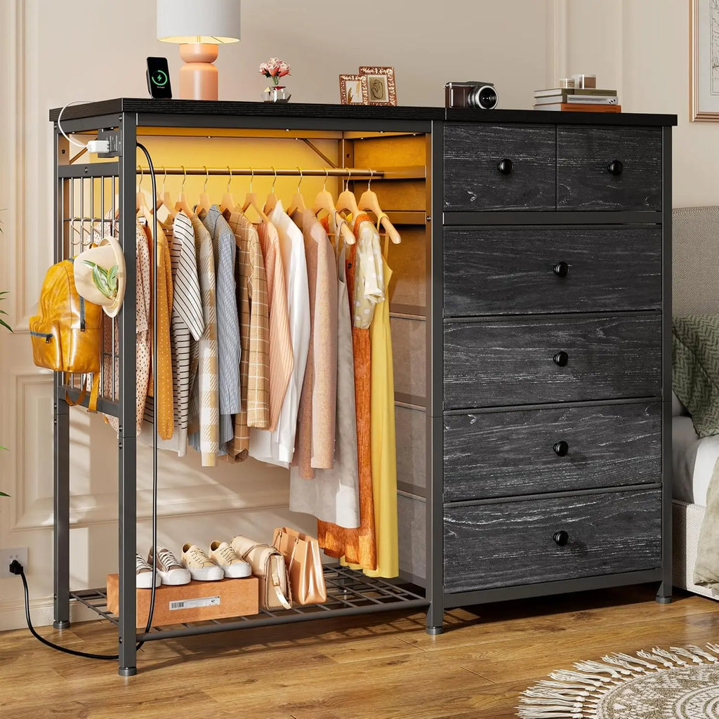 White Dresser Hanging Rack, 6 Drawers Dresser LED Lights & Charging Station