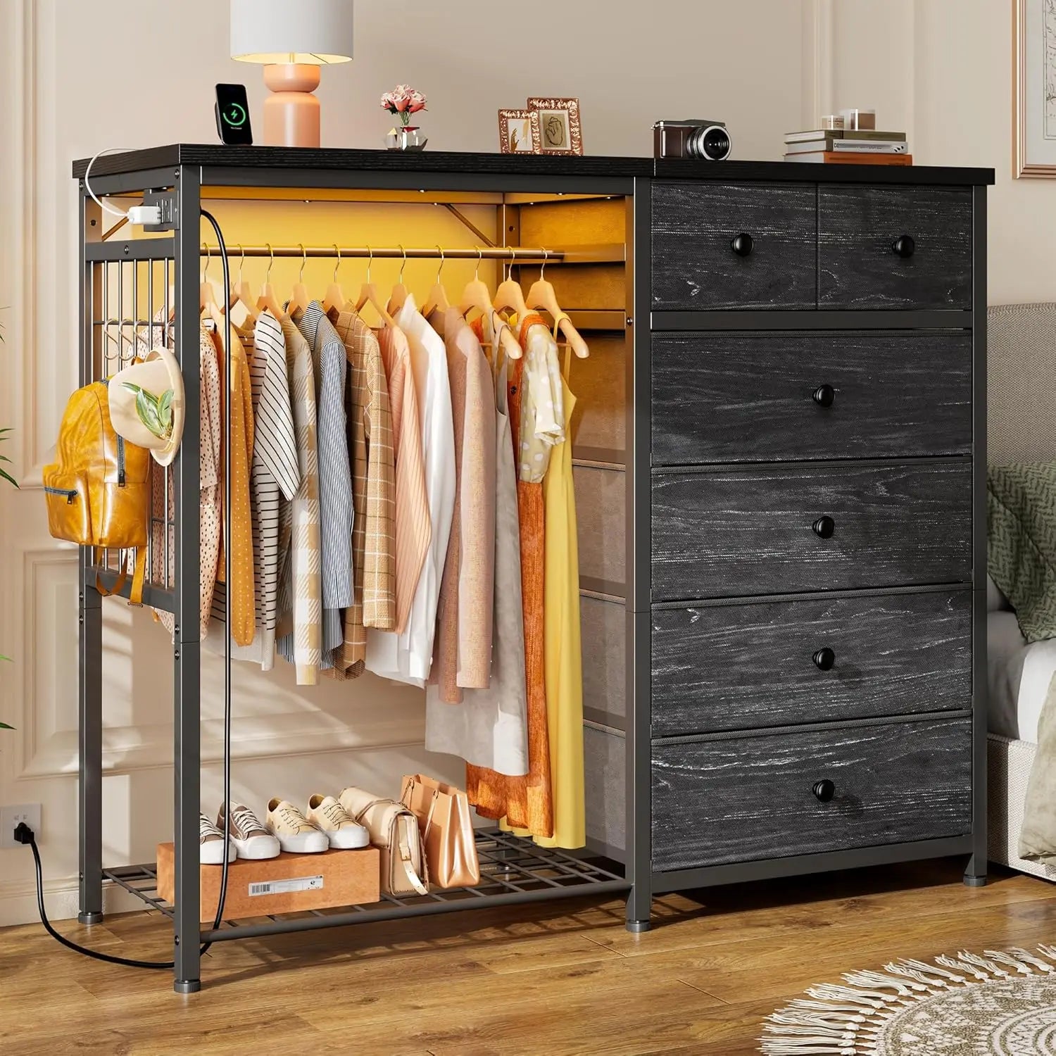 White Dresser Hanging Rack, 6 Drawers Dresser LED Lights & Charging Station