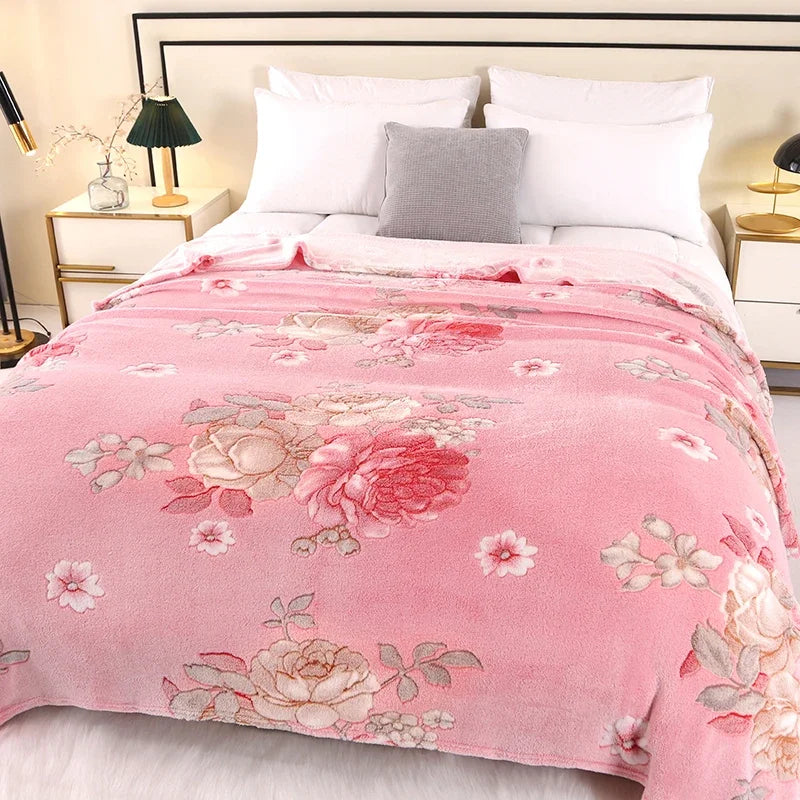 1pc Floral Style Warm Bedspread Fleece Blanket
