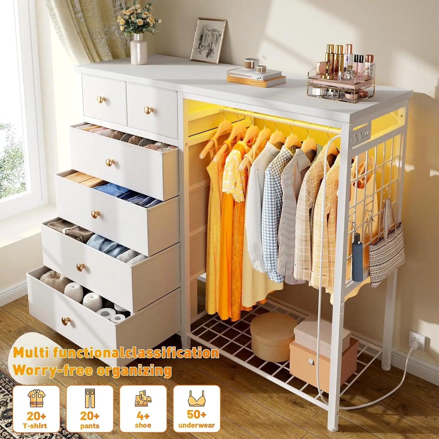 White Dresser Hanging Rack, 6 Drawers Dresser LED Lights & Charging Station