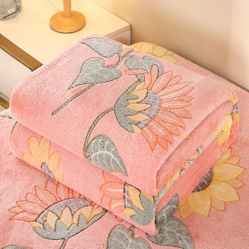 1pc Floral Style Warm Bedspread Fleece Blanket