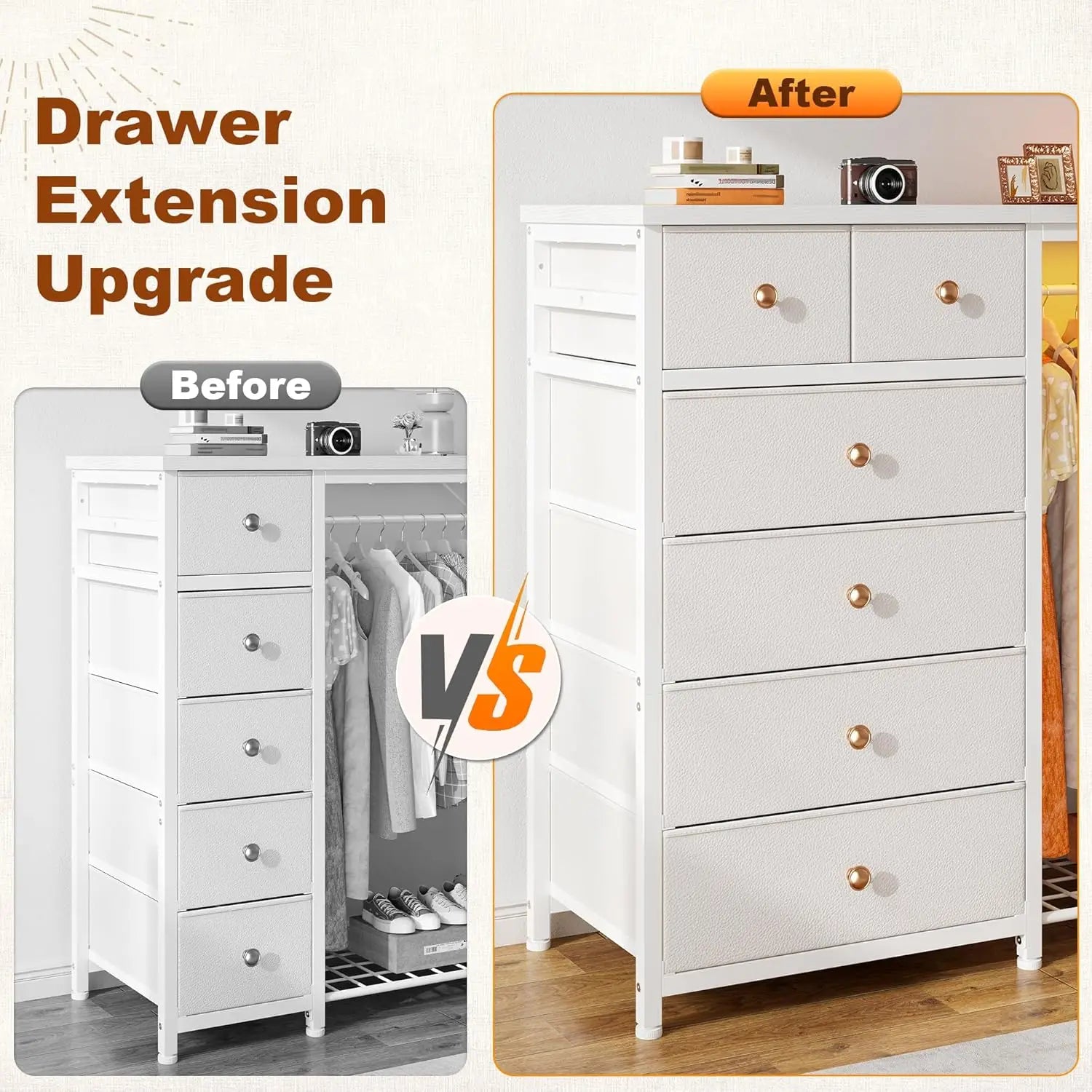 White Dresser Hanging Rack, 6 Drawers Dresser LED Lights & Charging Station