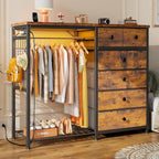 White Dresser Hanging Rack, 6 Drawers Dresser LED Lights & Charging Station