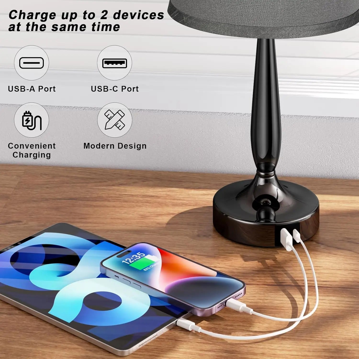 Touch Table Lamp with USB C Charging, 3-Way Dimmable Nightstand Light for Bedroom and Office, LED Bulb Included