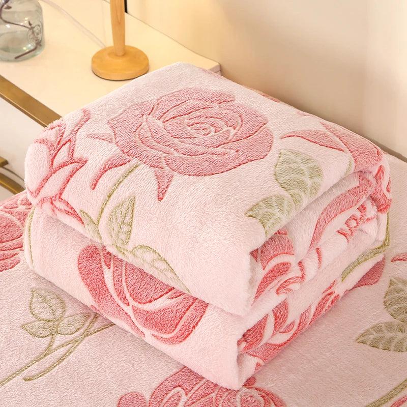 1pc Floral Style Warm Bedspread Fleece Blanket