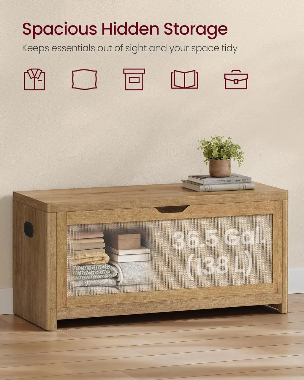 Boho Storage Bench with Rattan Look, Rounded Corners, Hidden Seat for Bedroom Entryway, Natural Brown