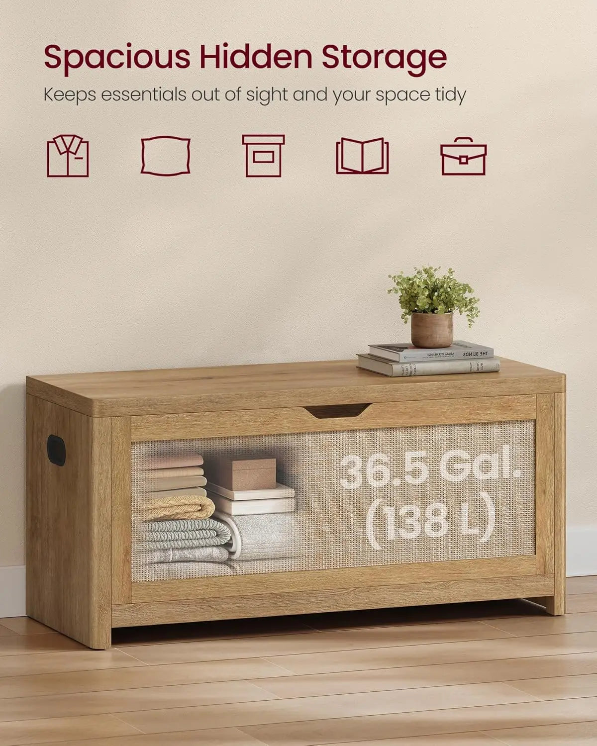 Boho Storage Bench with Rattan Look, Rounded Corners, Hidden Seat for Bedroom Entryway, Natural Brown