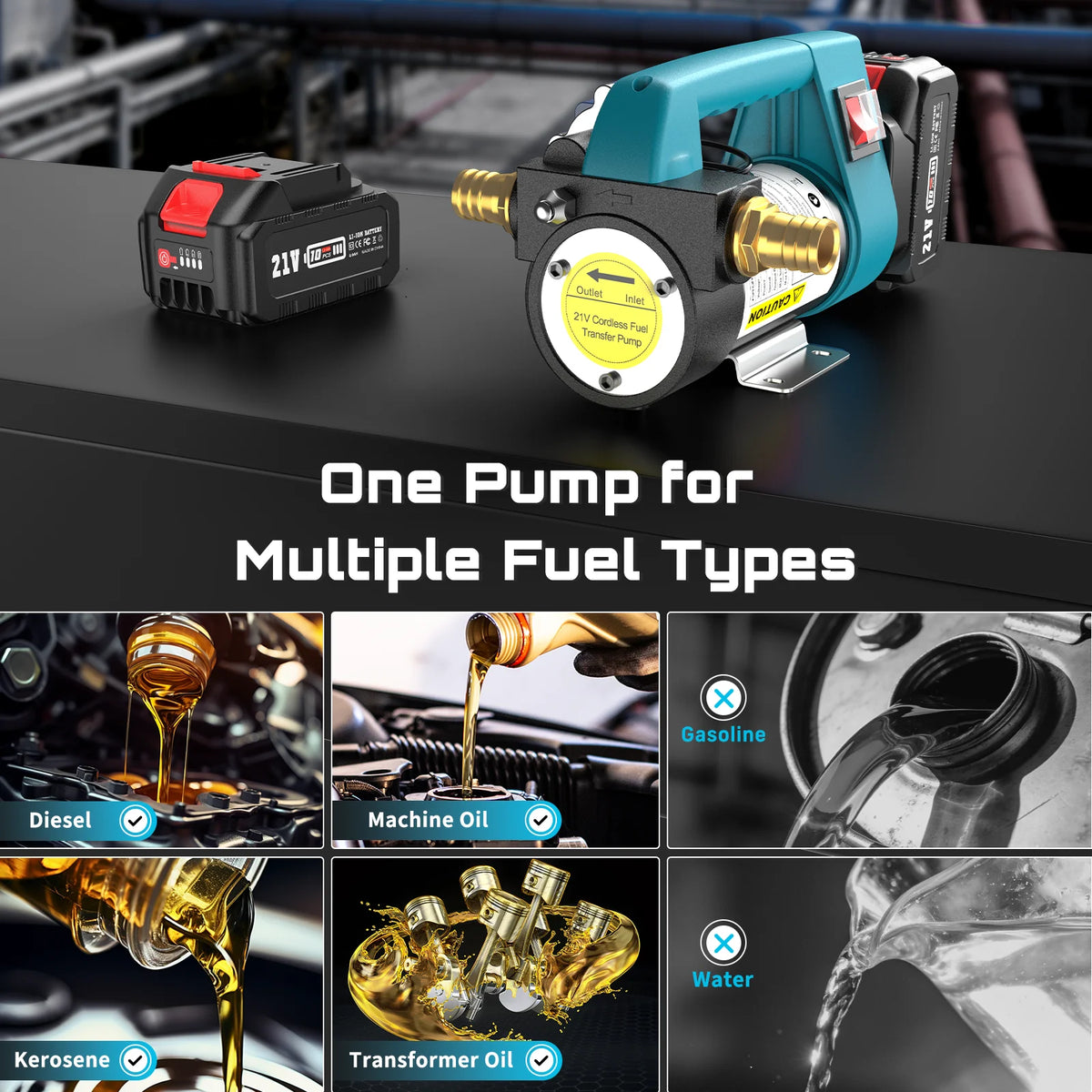 Fuel Transfer Pump for Diesel 21V Battery Powered 12GPM Portable Self-Priming Pump Automatic Stop