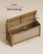 Boho Storage Bench with Rattan Look, Rounded Corners, Hidden Seat for Bedroom Entryway, Natural Brown