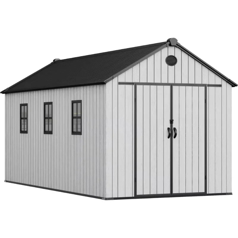 8x16 FT Waterproof Outdoor Storage Shed with Floor, Lockable Doors, 875 cu. ft. Resin Garden Shed for Tools & Bikes