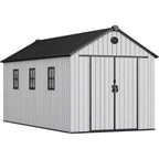 8x16 FT Waterproof Outdoor Storage Shed with Floor, Lockable Doors, 875 cu. ft. Resin Garden Shed for Tools & Bikes