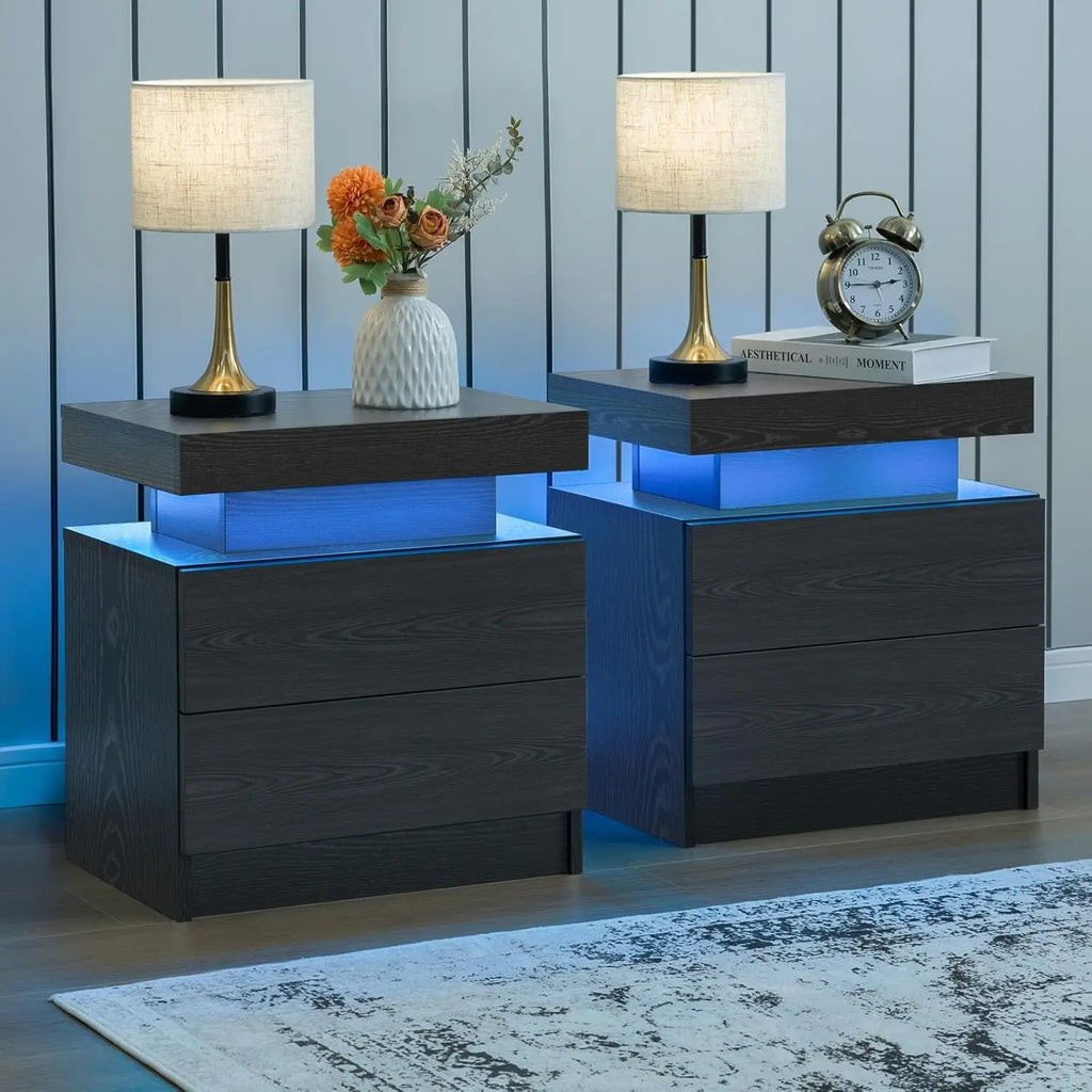 Nightstand Set of 2 LED Nightstand with 2 Drawers