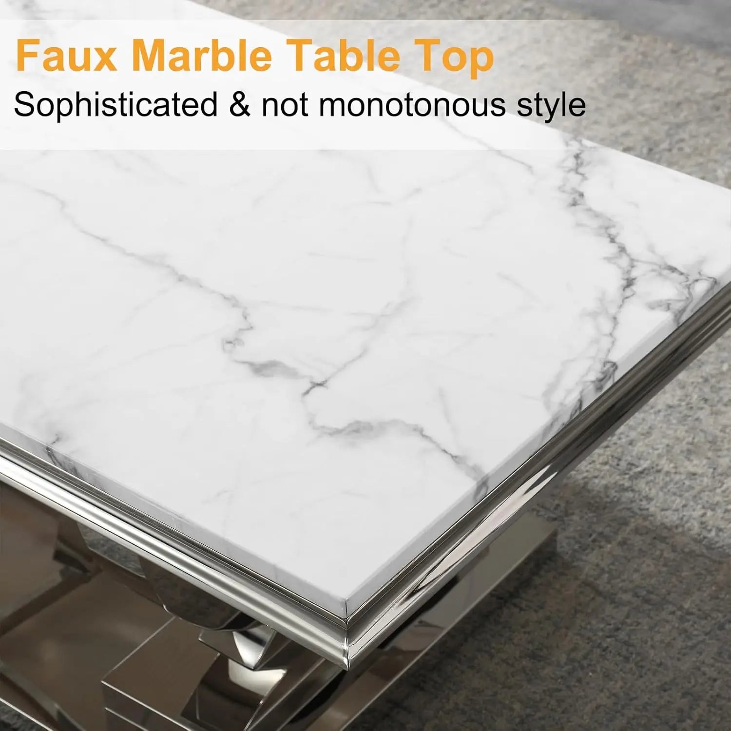 47" Coffee Table with White Marble Top, Modern Rectangular Faux Marble Coffee Table, Luxury White Cocktail Center Table