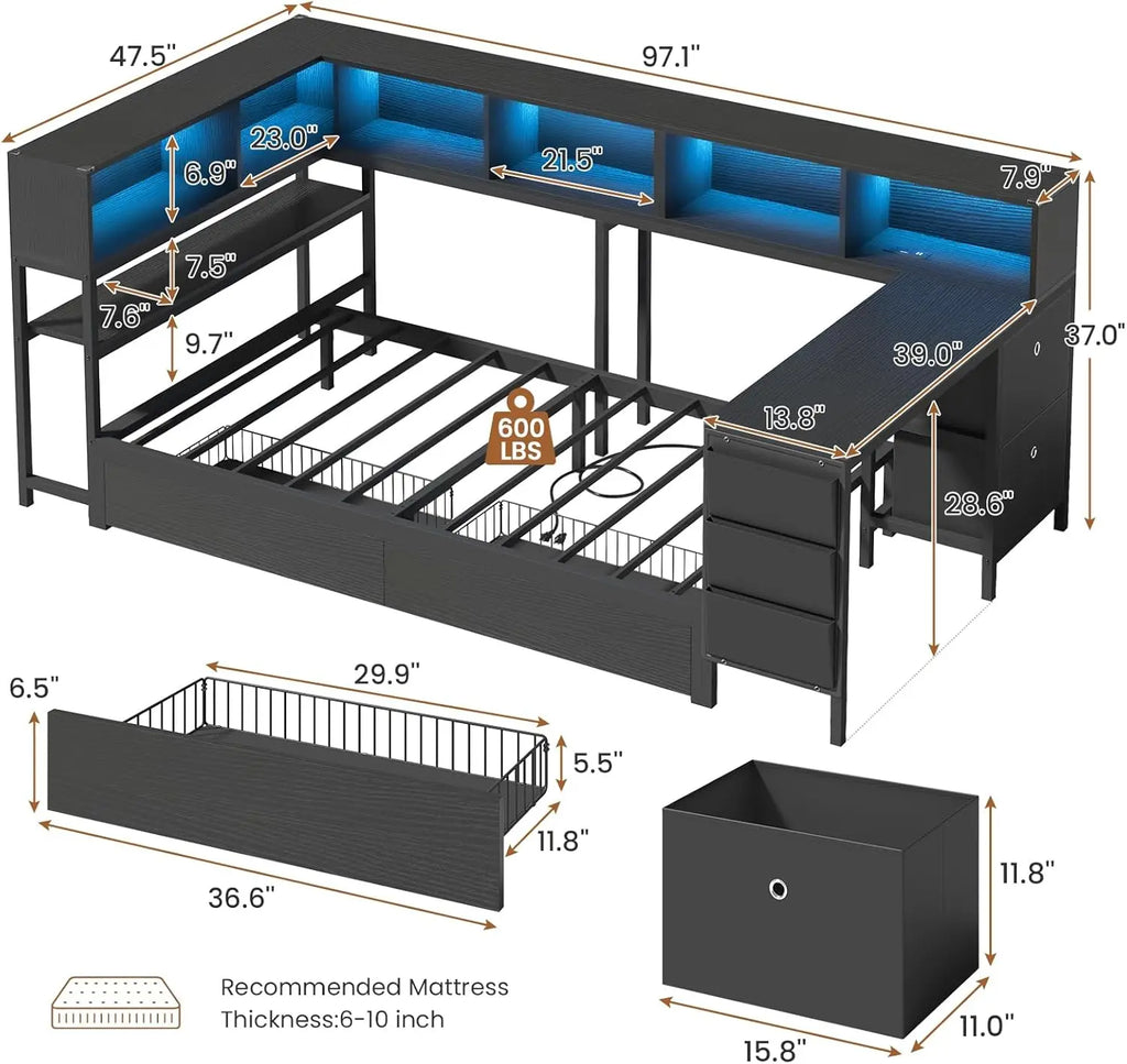 Twin Corner Bed with Desk, Storage & LED Lights - Multi-Functional Teen Bed Frame with Charging Station