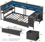 Twin Corner Bed with Desk, Storage & LED Lights - Multi-Functional Teen Bed Frame with Charging Station