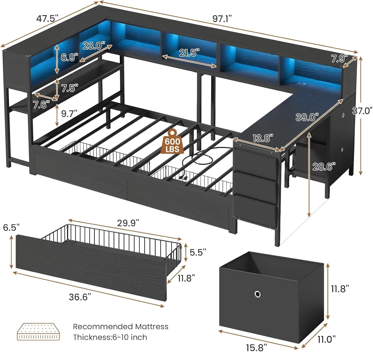 Twin Corner Bed with Desk, Storage & LED Lights - Multi-Functional Teen Bed Frame with Charging Station