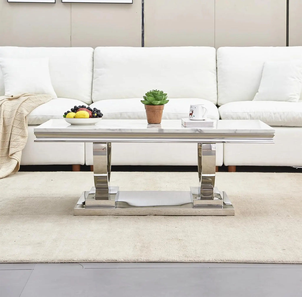 47" Coffee Table with White Marble Top, Modern Rectangular Faux Marble Coffee Table, Luxury White Cocktail Center Table