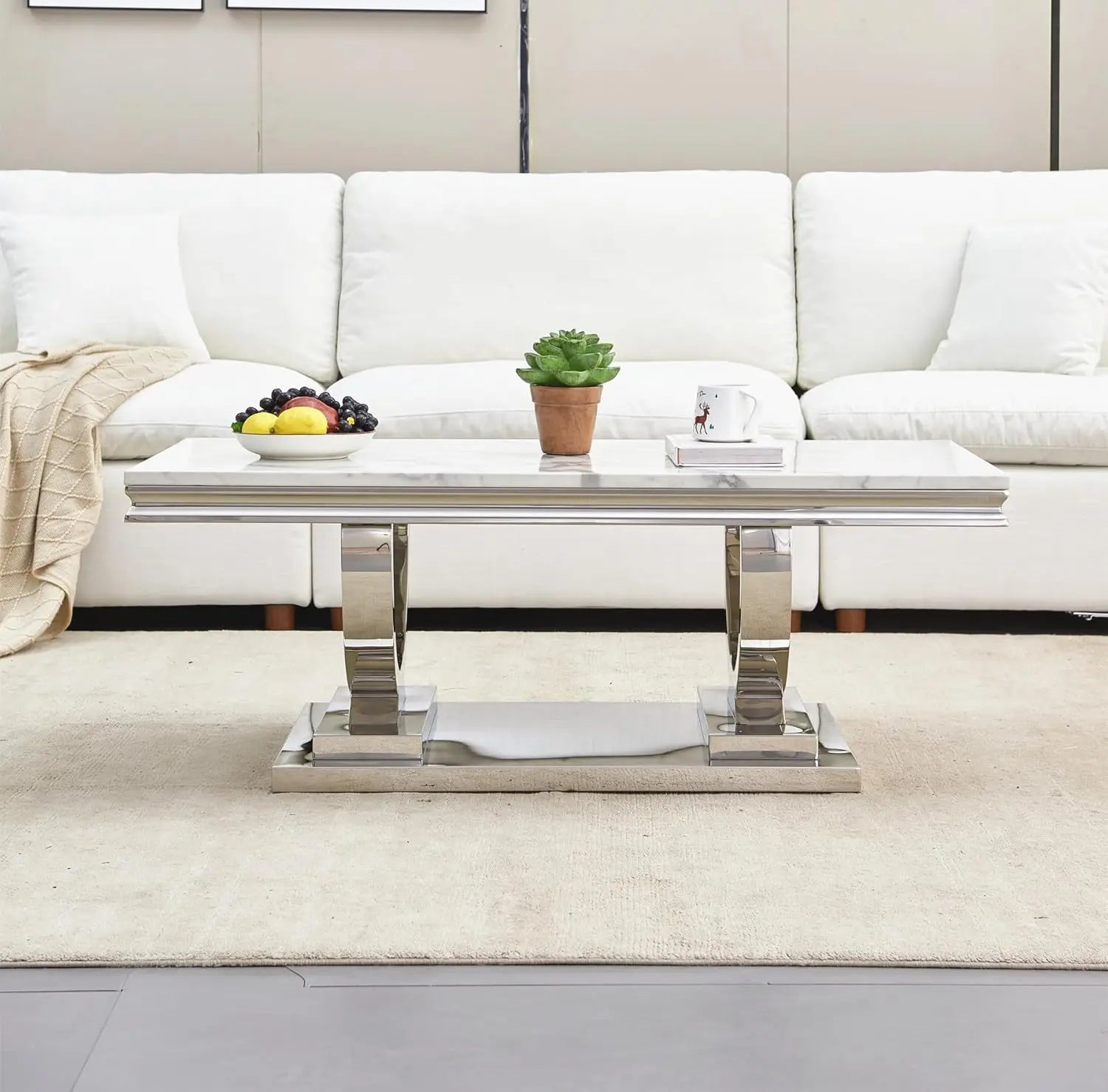 47" Coffee Table with White Marble Top, Modern Rectangular Faux Marble Coffee Table, Luxury White Cocktail Center Table