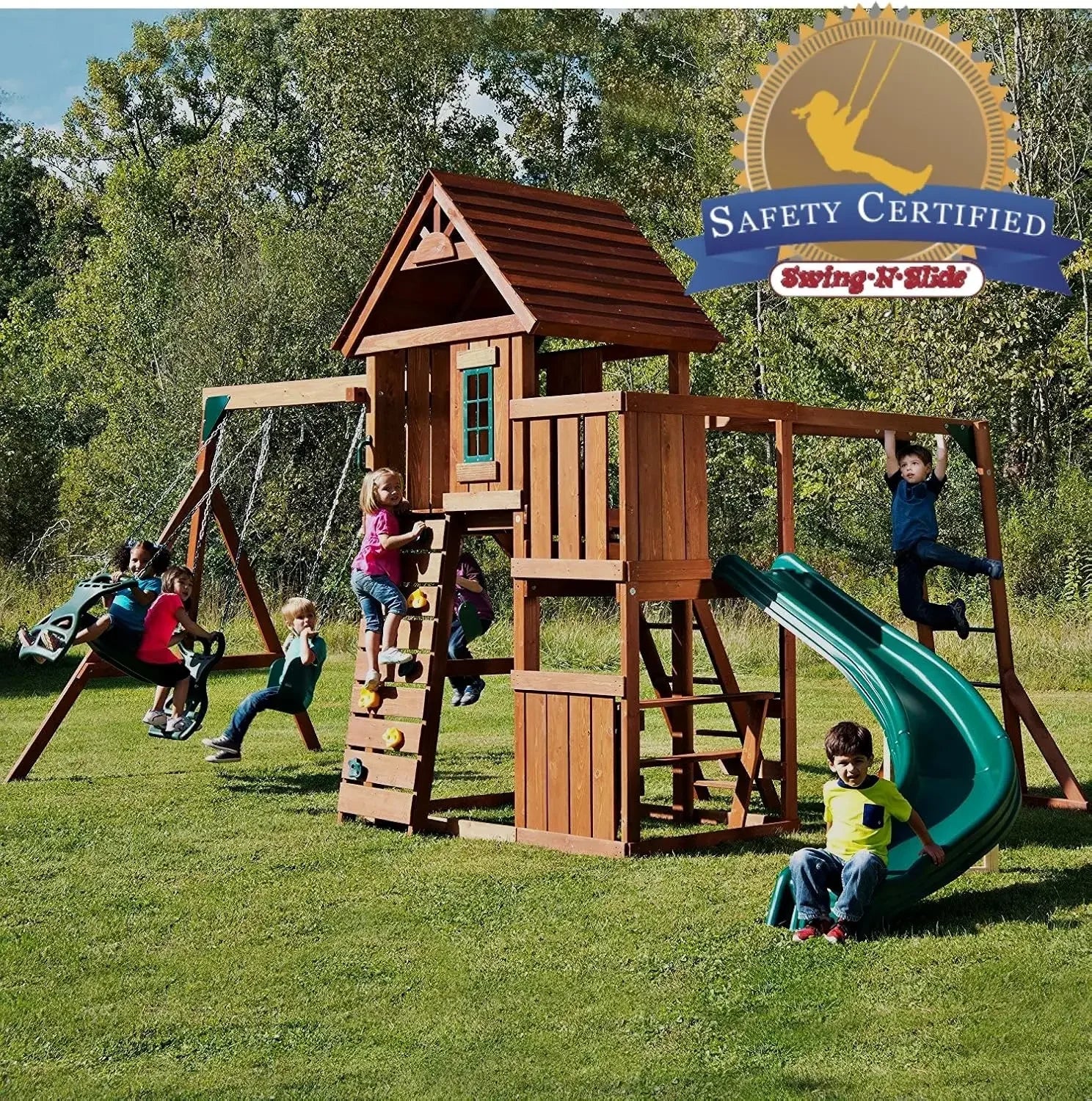 Two Swings, Slide, Monkey Bars, Picnic Table & Glider, Green