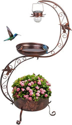 Vintage Metal Standing Bird Bath with Solar Lamp and Flower Planter, 36" H x 19.6" W, Attracts Birds to Garden