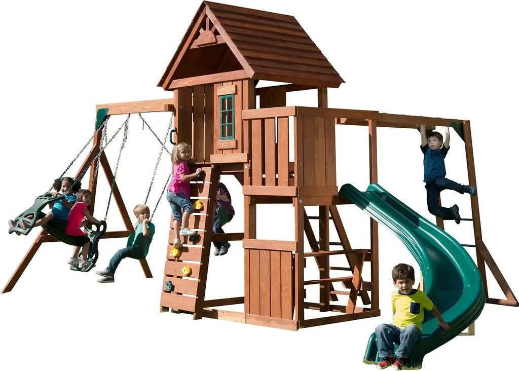 Two Swings, Slide, Monkey Bars, Picnic Table & Glider, Green