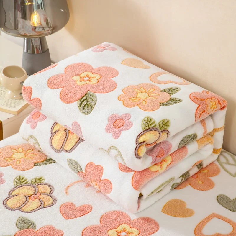 1pc Floral Style Warm Bedspread Fleece Blanket
