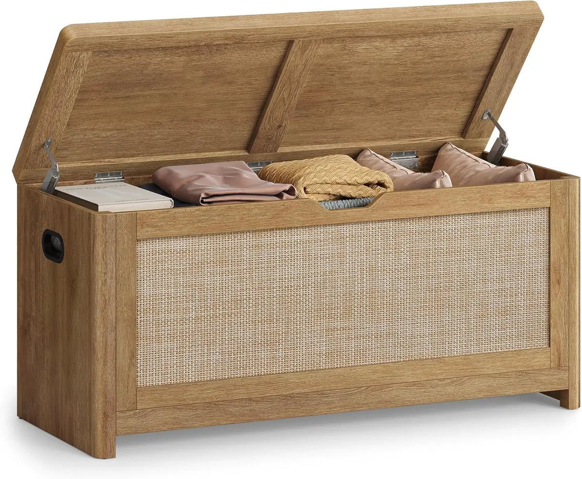 Boho Storage Bench with Rattan Look, Rounded Corners, Hidden Seat for Bedroom Entryway, Natural Brown