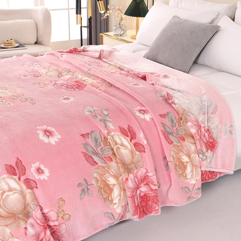 1pc Floral Style Warm Bedspread Fleece Blanket