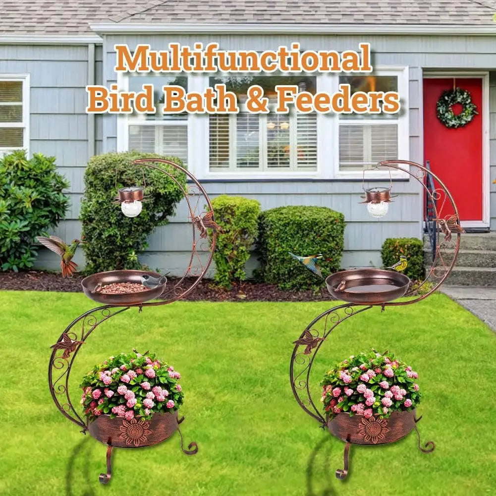 Vintage Metal Standing Bird Bath with Solar Lamp