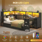 Twin Corner Bed with Desk, Storage & LED Lights - Multi-Functional Teen Bed Frame with Charging Station