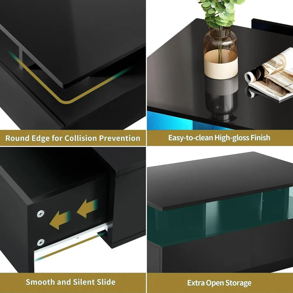 Black High Gloss LED Coffee Table with 4 Drawers
