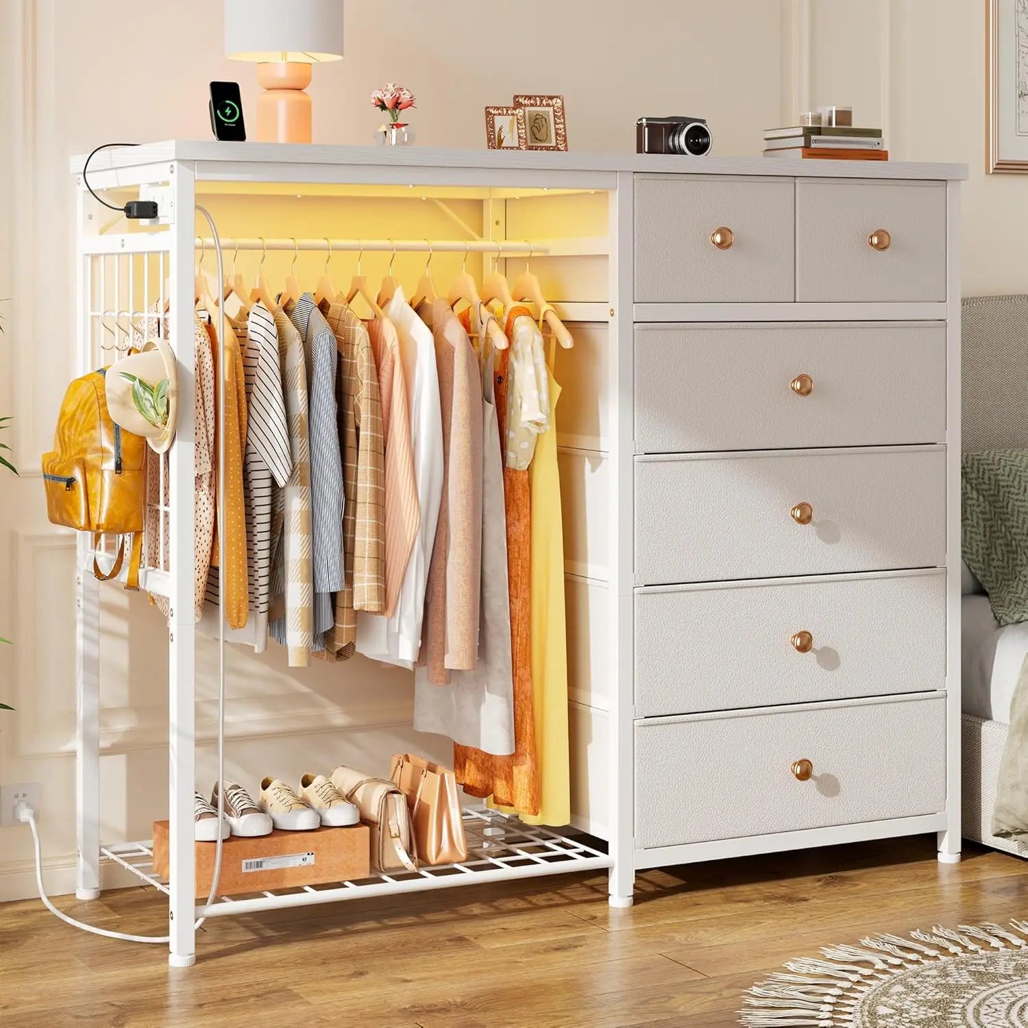 White Dresser Hanging Rack, 6 Drawers Dresser LED Lights & Charging Station