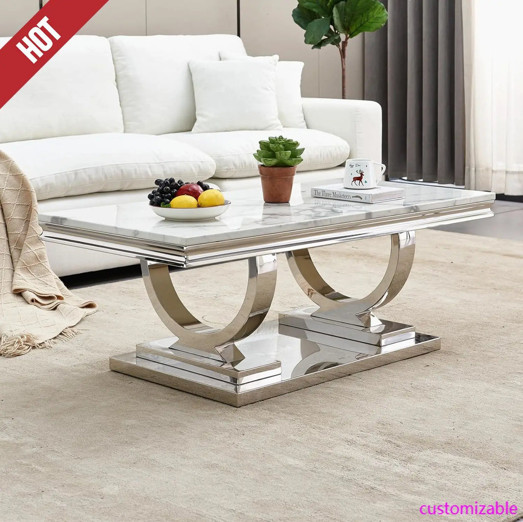47" Coffee Table with White Marble Top, Modern Rectangular Faux Marble Coffee Table, Luxury White Cocktail Center Table
