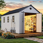 8x16 FT Waterproof Outdoor Storage Shed with Floor, Lockable Doors, 875 cu. ft. Resin Garden Shed for Tools & Bikes