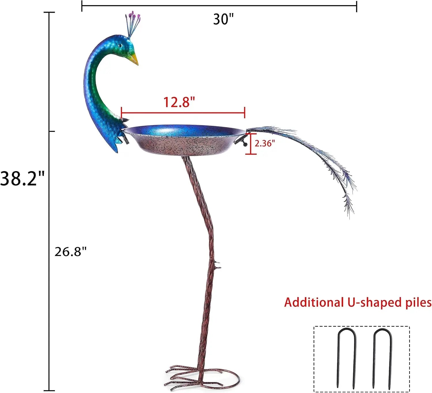 38.2" H Peacock-Shaped Metal Bird Bath and Feeder for Outdoor Garden Decor, Multicolor