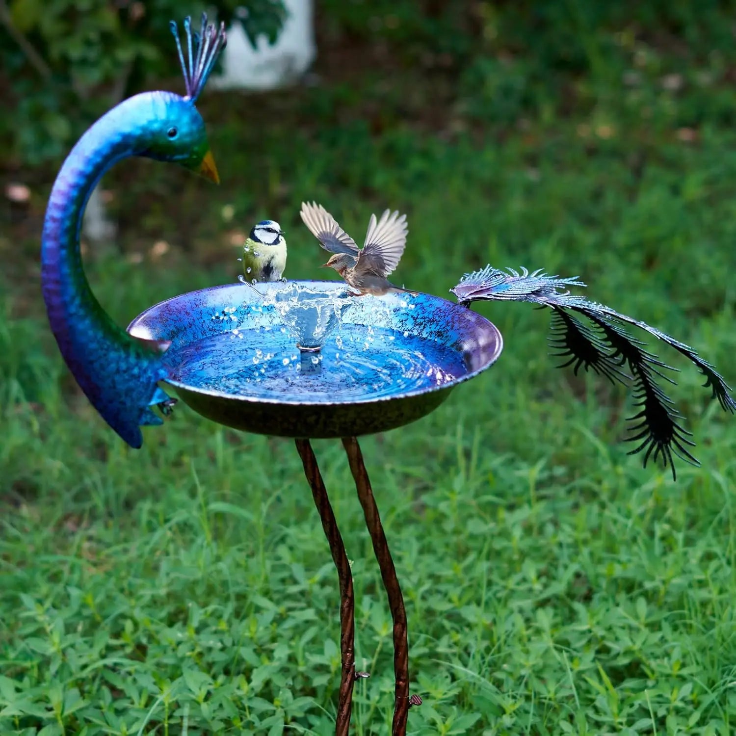38.2" H Peacock-Shaped Metal Bird Bath and Feeder for Outdoor Garden Decor, Multicolor