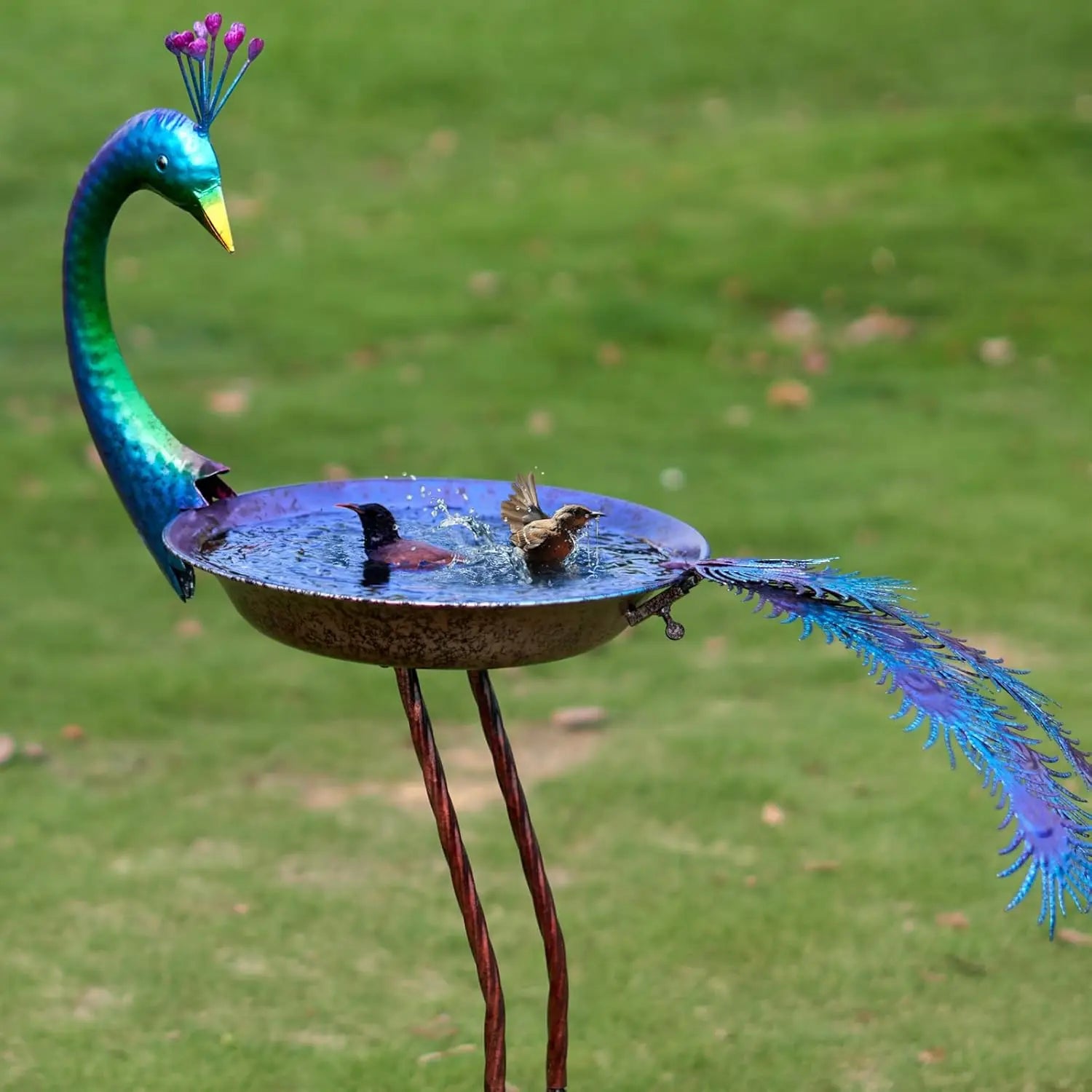 38.2" H Peacock-Shaped Metal Bird Bath and Feeder for Outdoor Garden Decor, Multicolor