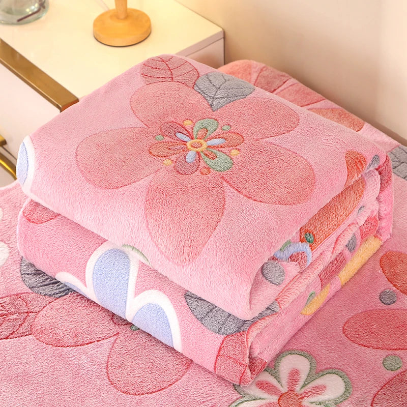 1pc Floral Style Warm Bedspread Fleece Blanket