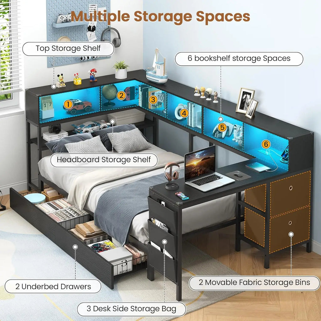 Twin Corner Bed with Desk, Storage & LED Lights - Multi-Functional Teen Bed Frame with Charging Station