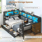 Twin Corner Bed with Desk, Storage & LED Lights - Multi-Functional Teen Bed Frame with Charging Station
