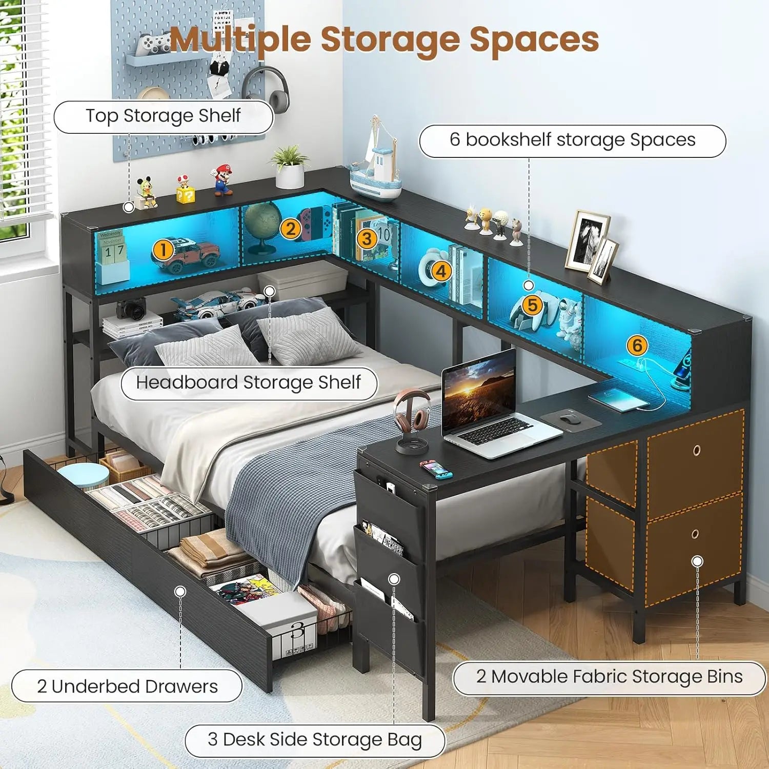Twin Corner Bed with Desk, Storage & LED Lights - Multi-Functional Teen Bed Frame with Charging Station