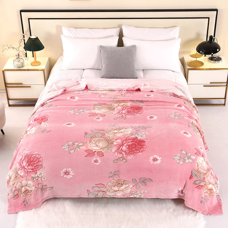 1pc Floral Style Warm Bedspread Fleece Blanket