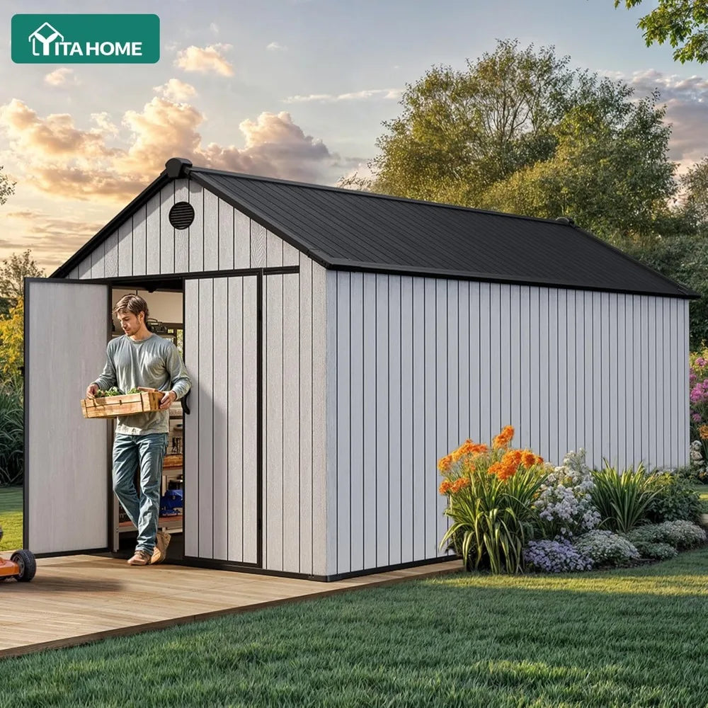 8x16 FT Waterproof Outdoor Storage Shed with Floor, Lockable Doors, 875 cu. ft. Resin Garden Shed for Tools & Bikes
