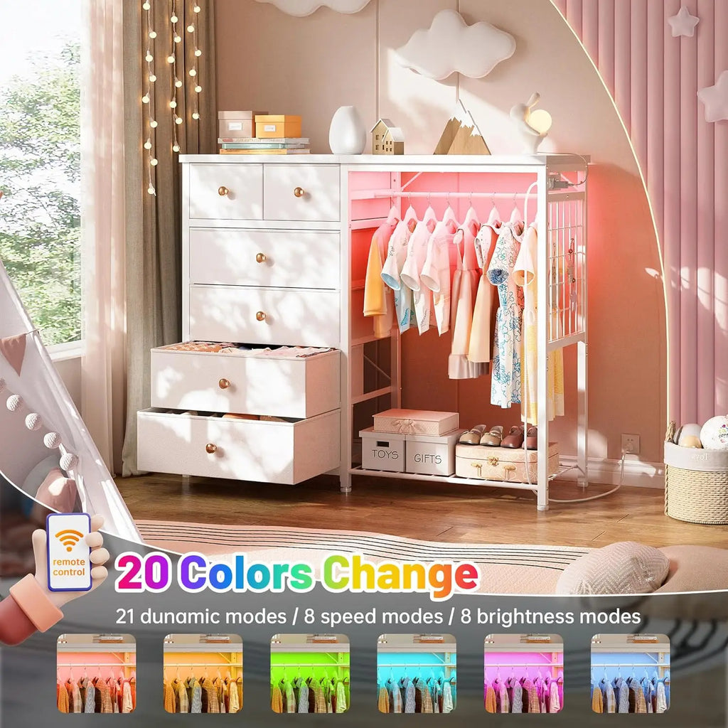 White Dresser Hanging Rack, 6 Drawers Dresser LED Lights & Charging Station