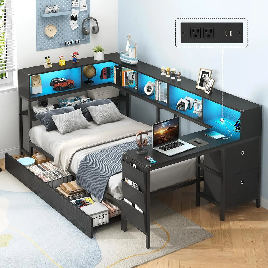 Twin Corner Bed with Desk, Storage & LED Lights - Multi-Functional Teen Bed Frame with Charging Station