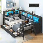 Twin Corner Bed with Desk, Storage & LED Lights - Multi-Functional Teen Bed Frame with Charging Station