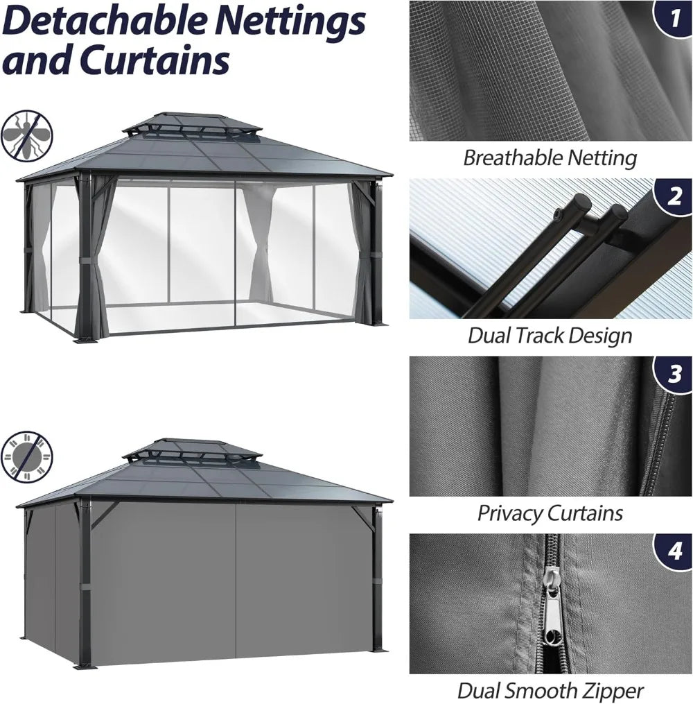 12' x 14' Hardtop Gazebo with Double Polycarbonate Roof,