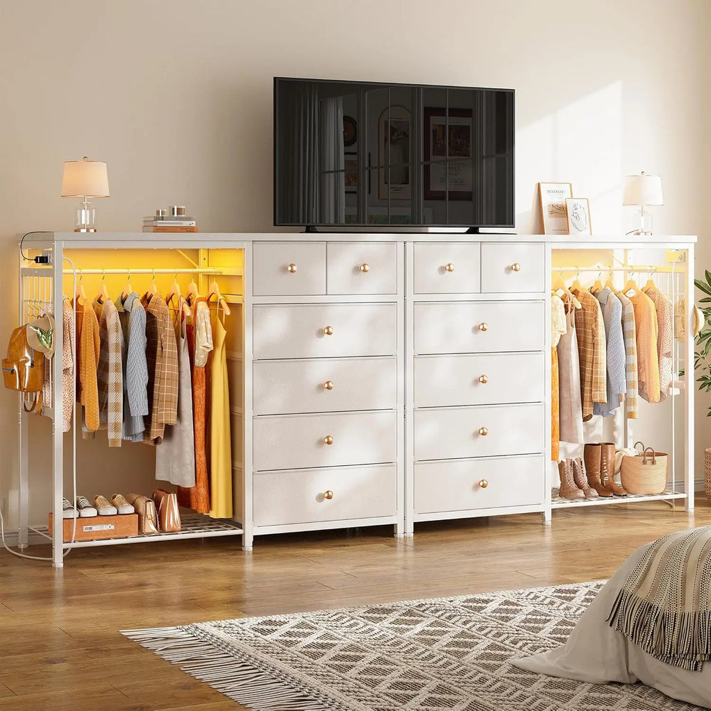 White Dresser Hanging Rack, 6 Drawers Dresser LED Lights & Charging Station
